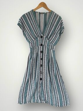 Angie Teal and White Striped Button-Front Dress